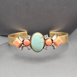 J Crew Antique Gold Tone Cuff Bracelet Faux Coral & Turquoise Stones Rhinestones